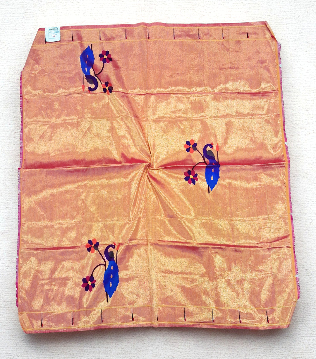 Golden tissue silk blouse piece with peacock design