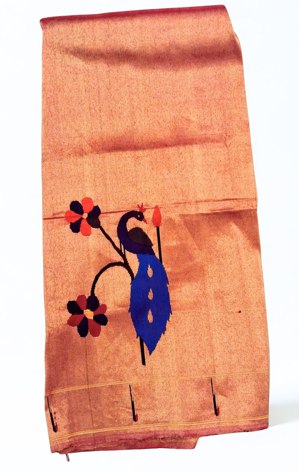 Golden Tissue Silk Blouse Piece with Peacock Design