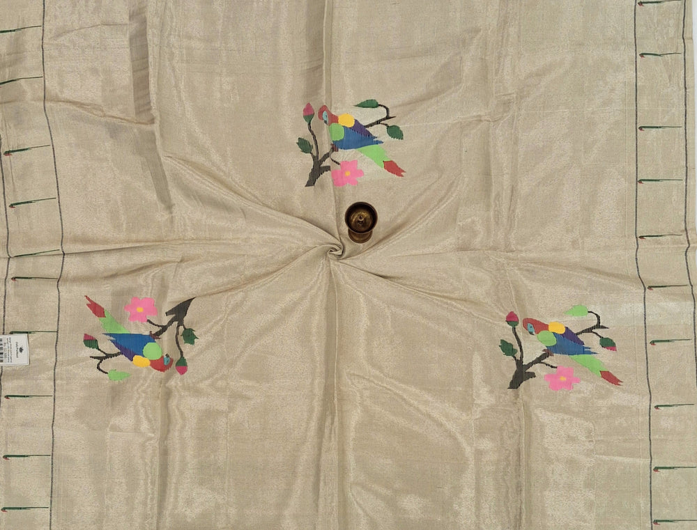 Beige Parrot Design Silk Blouse Piece