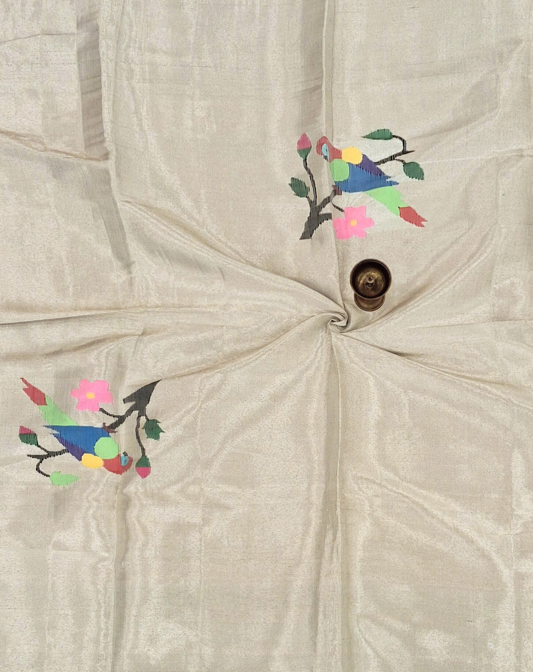 Beige three patch parrot design silk blouse piece