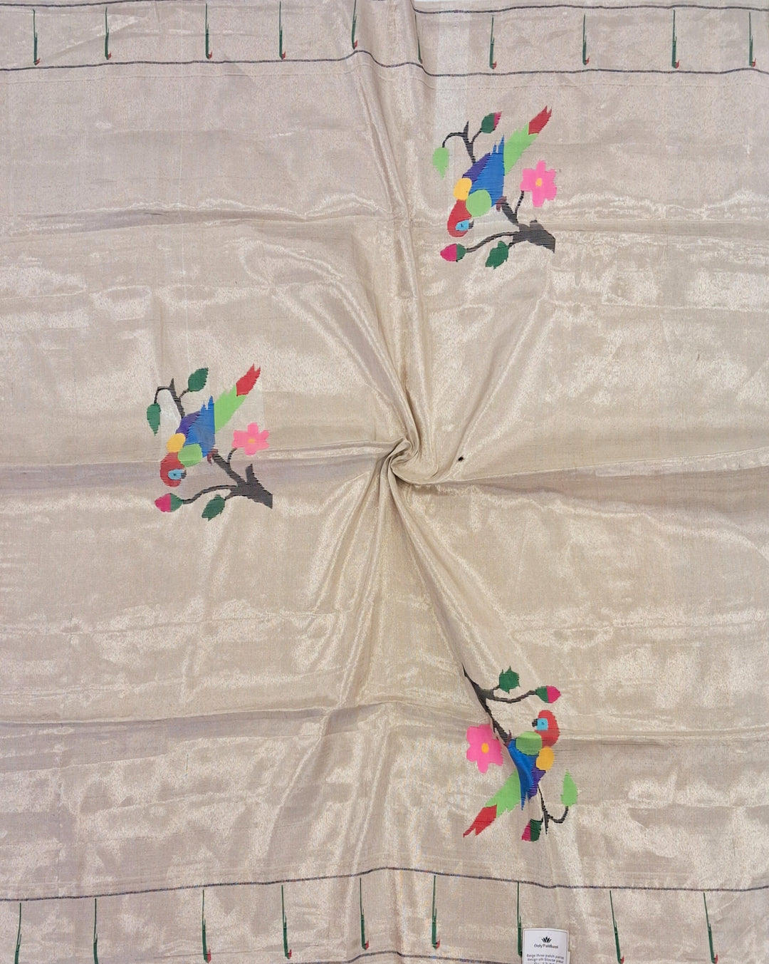 Beige three patch parrot design silk blouse piece