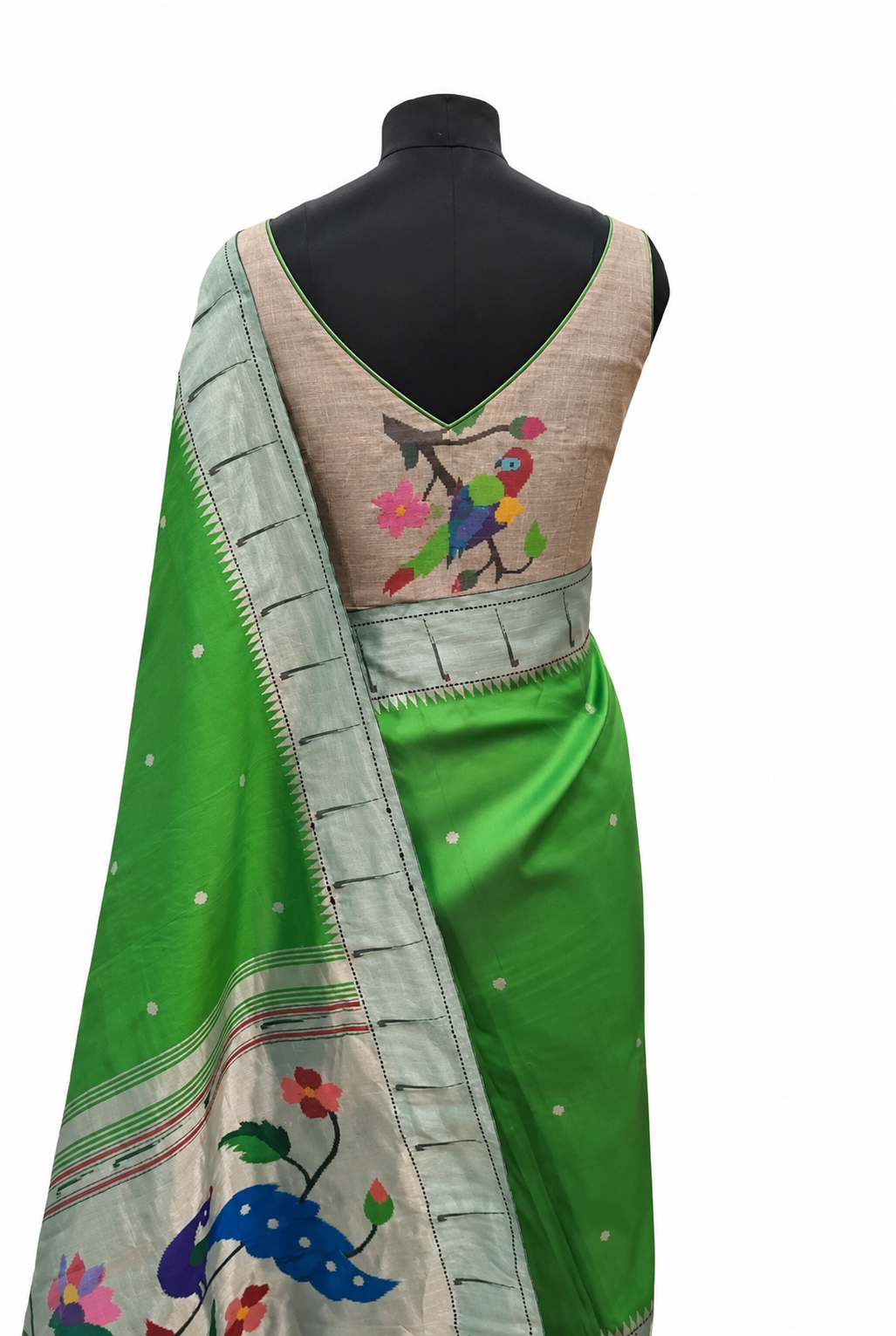 Beige Three Patch Parrot Design Silk Blouse Piece