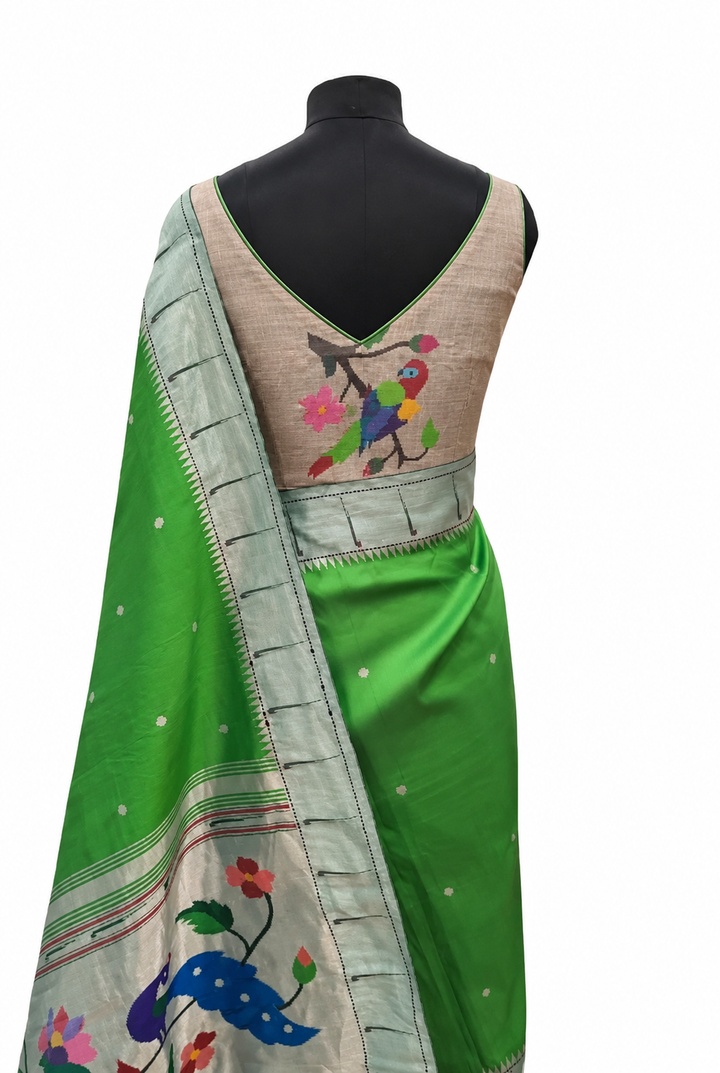 Beige Three Patch Parrot Design Silk Blouse Piece