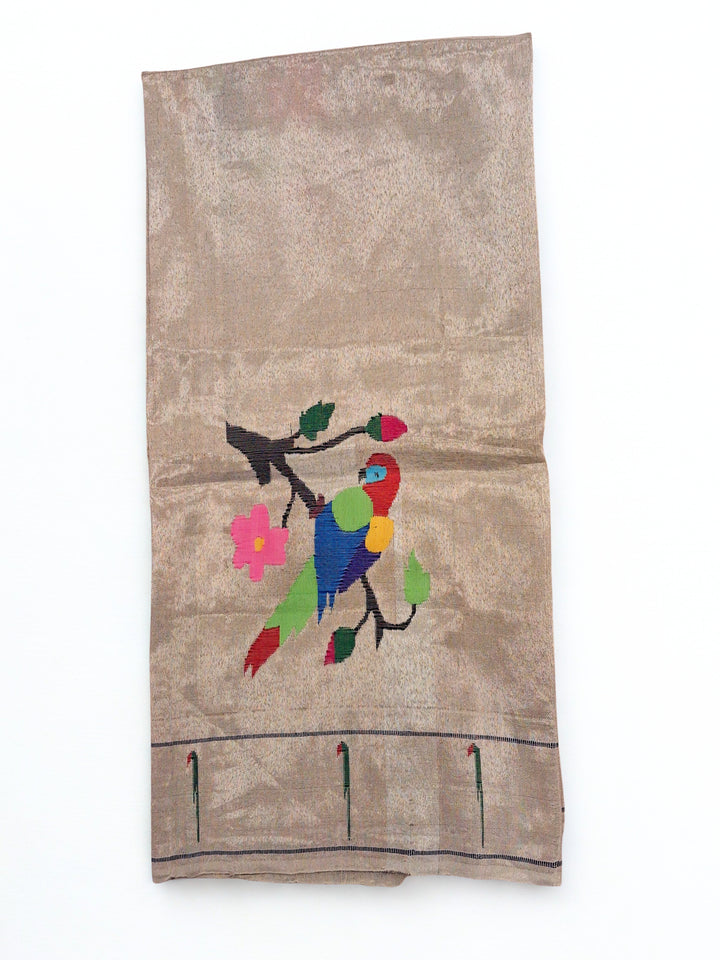 Beige three patch parrot design silk blouse piece