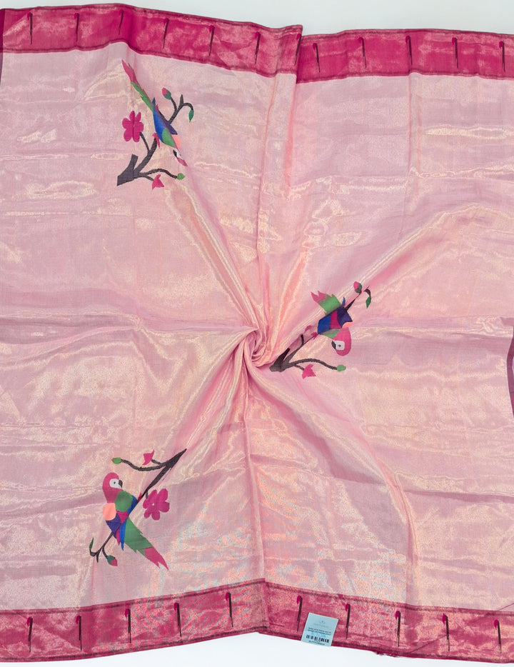 Baby pink tissue parrot design silk blouse piece