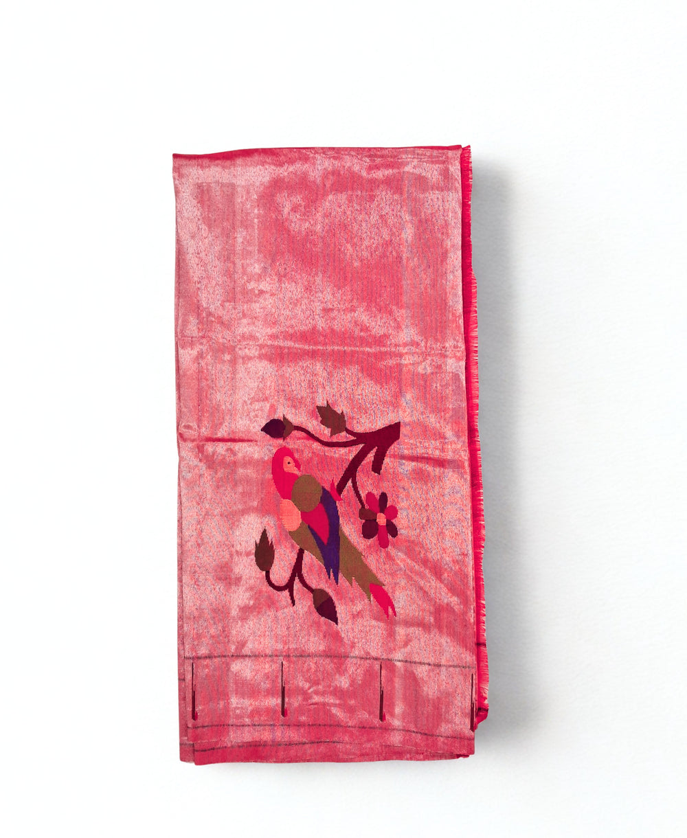 Rose Pink Parrot Design Silk Blouse Piece