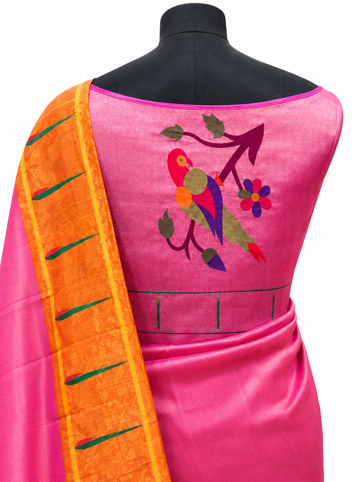 Rose Pink Parrot Design Silk Blouse Piece