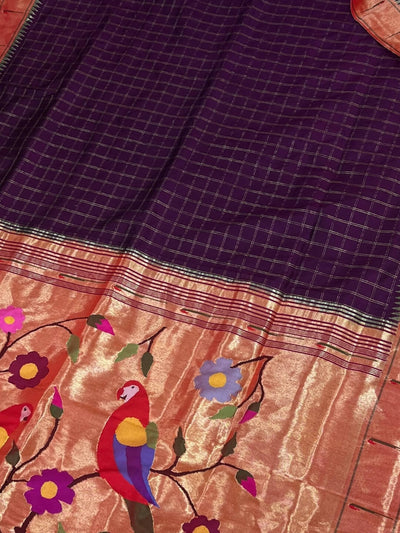 Wine Checks Rich Pallu Silk Paithani Saree