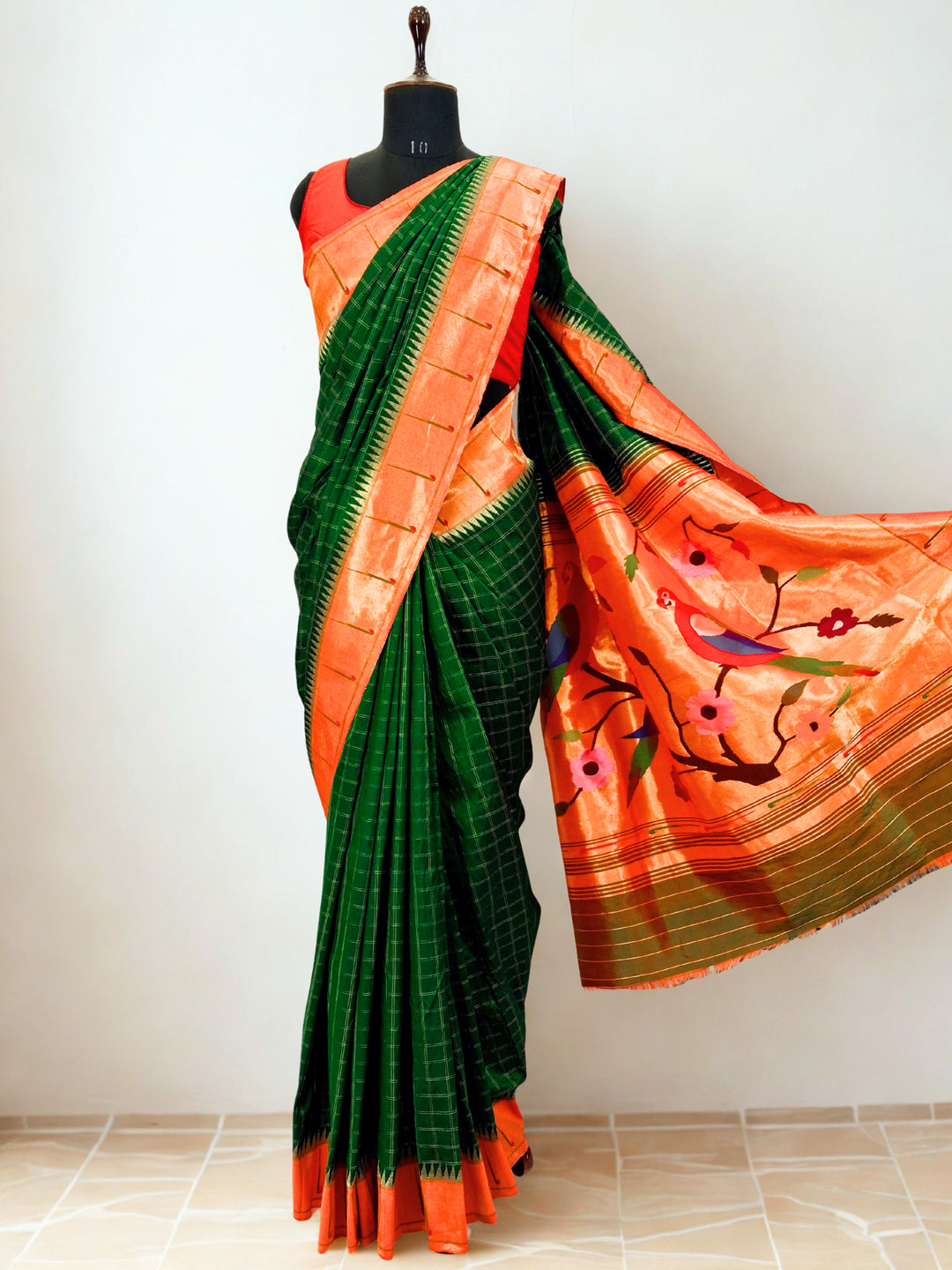 Bottle Green Paithani with Muniya Zari Border