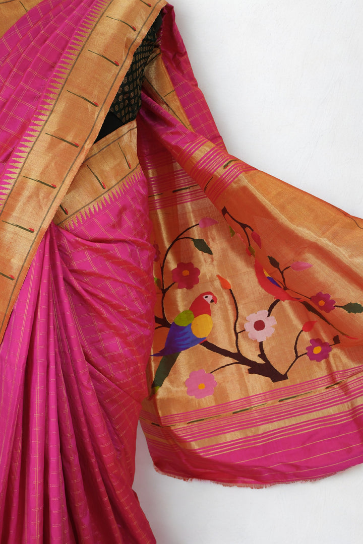 Fuchsia checks silk paithani saree with rich pallu