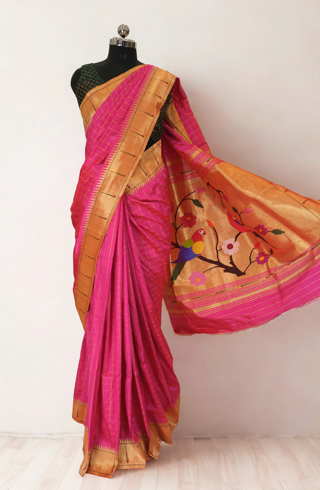 Fuchsia checks silk paithani saree with rich pallu