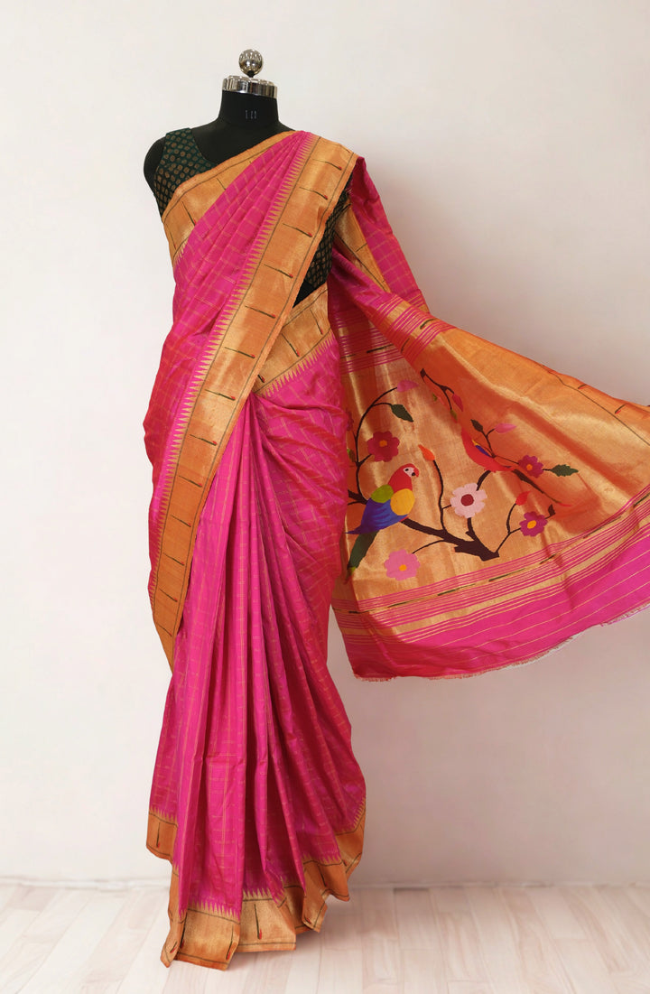 Fuchsia checks silk paithani saree with rich pallu