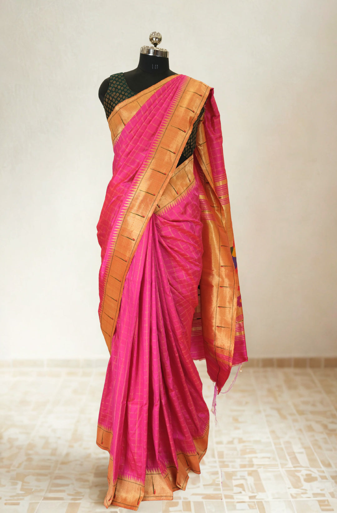 Fuchsia checks silk paithani saree with rich pallu