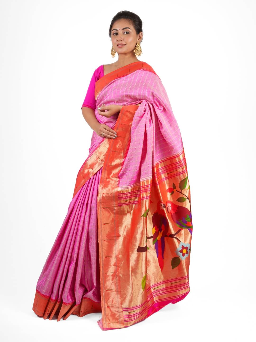 Baby Pink Checks Muniya Silk Paithani Saree