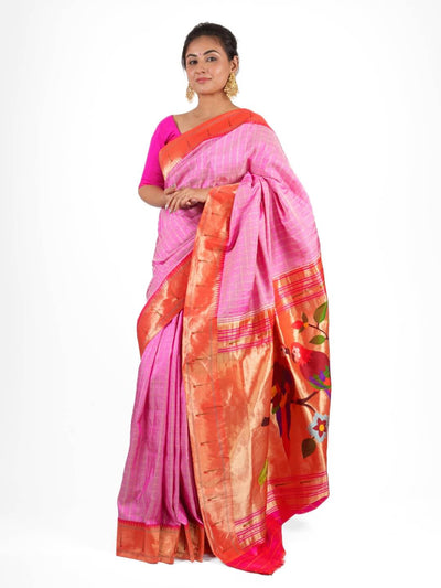 Baby Pink Checks Muniya Silk Paithani Saree