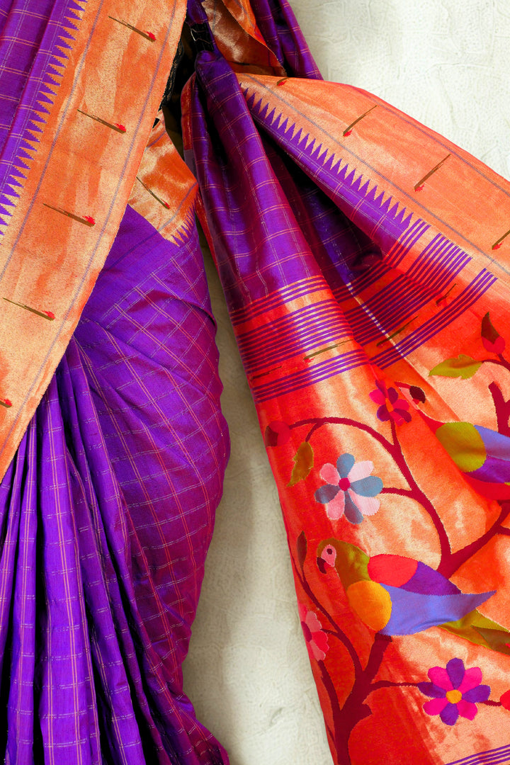 Purple checks rich pallu silk paithani saree