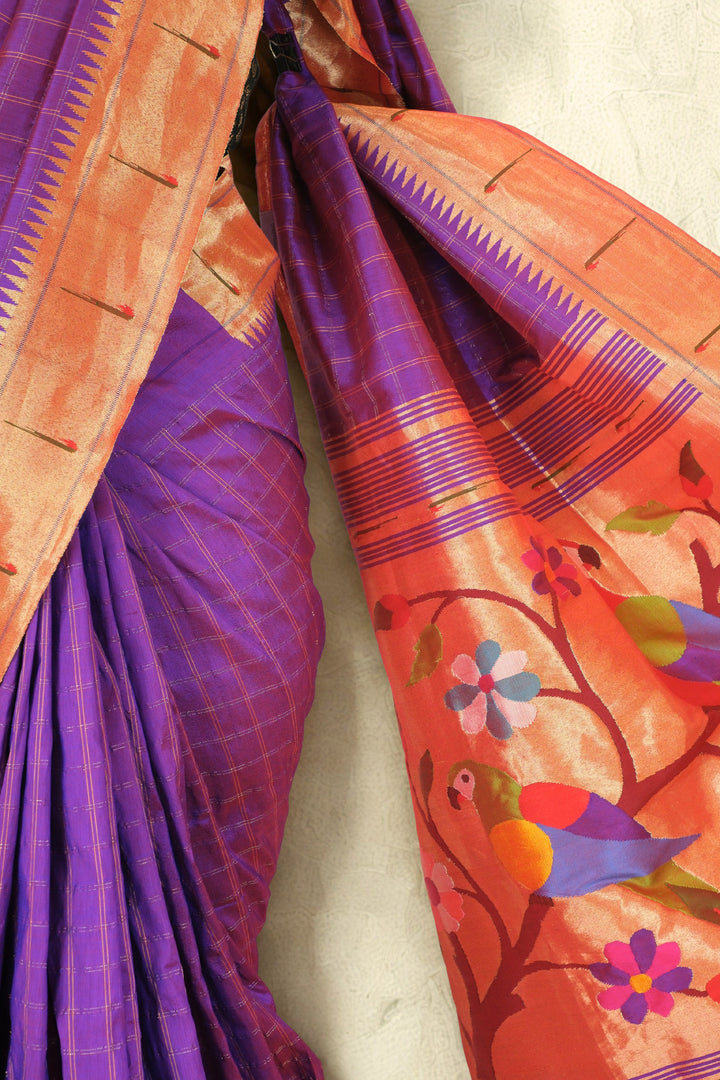 Purple checks rich pallu silk paithani saree