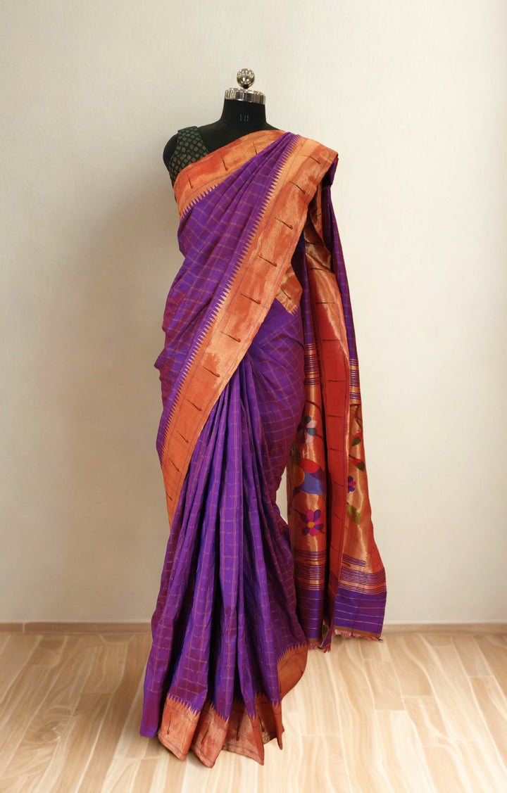 Purple checks rich pallu silk paithani saree