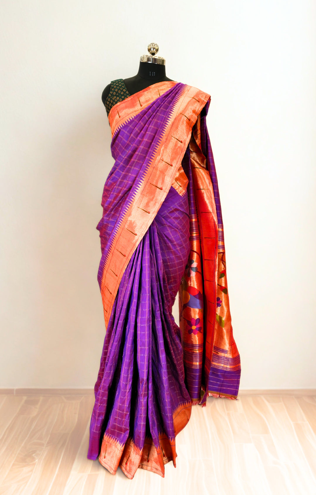Purple checks rich pallu silk paithani saree