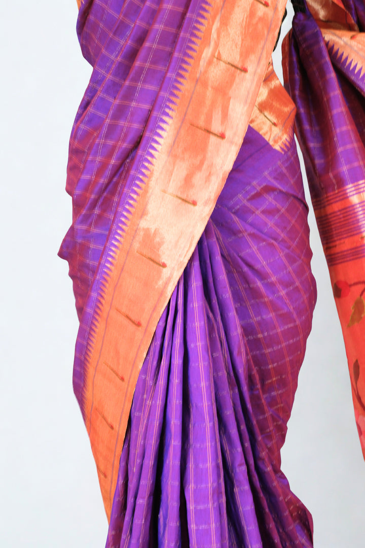 Purple checks rich pallu silk paithani saree