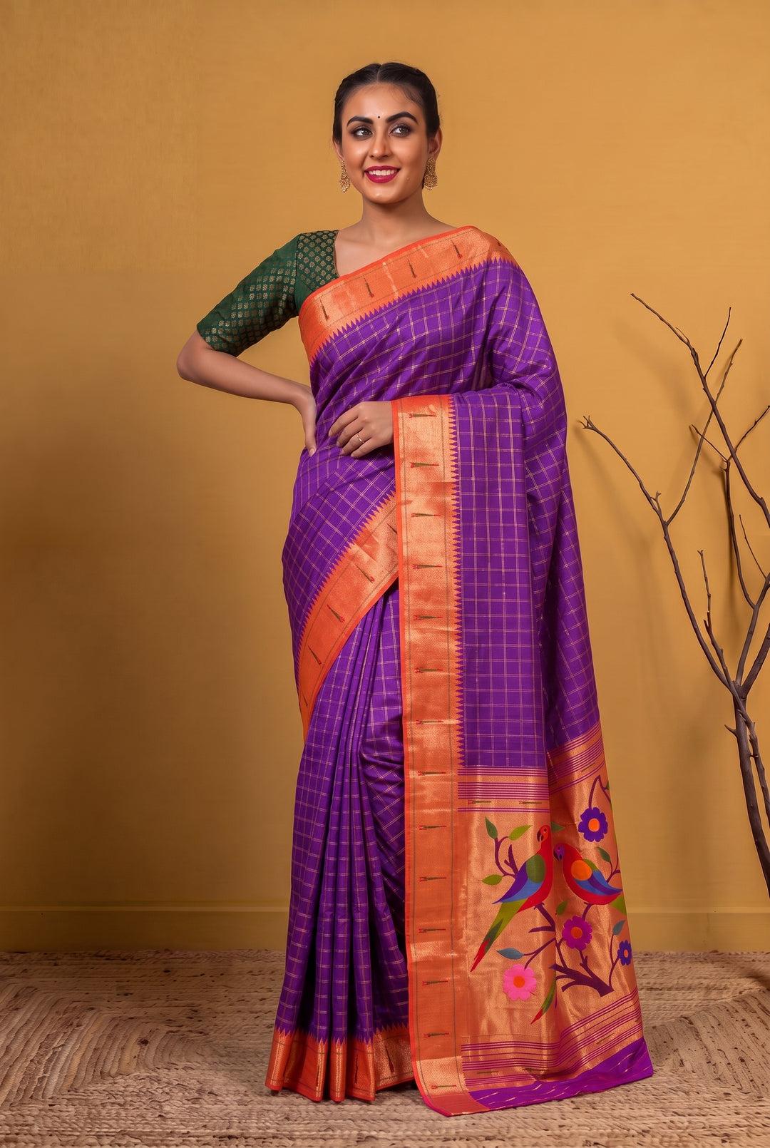 Purple Checks Rich Pallu Silk Paithani Saree