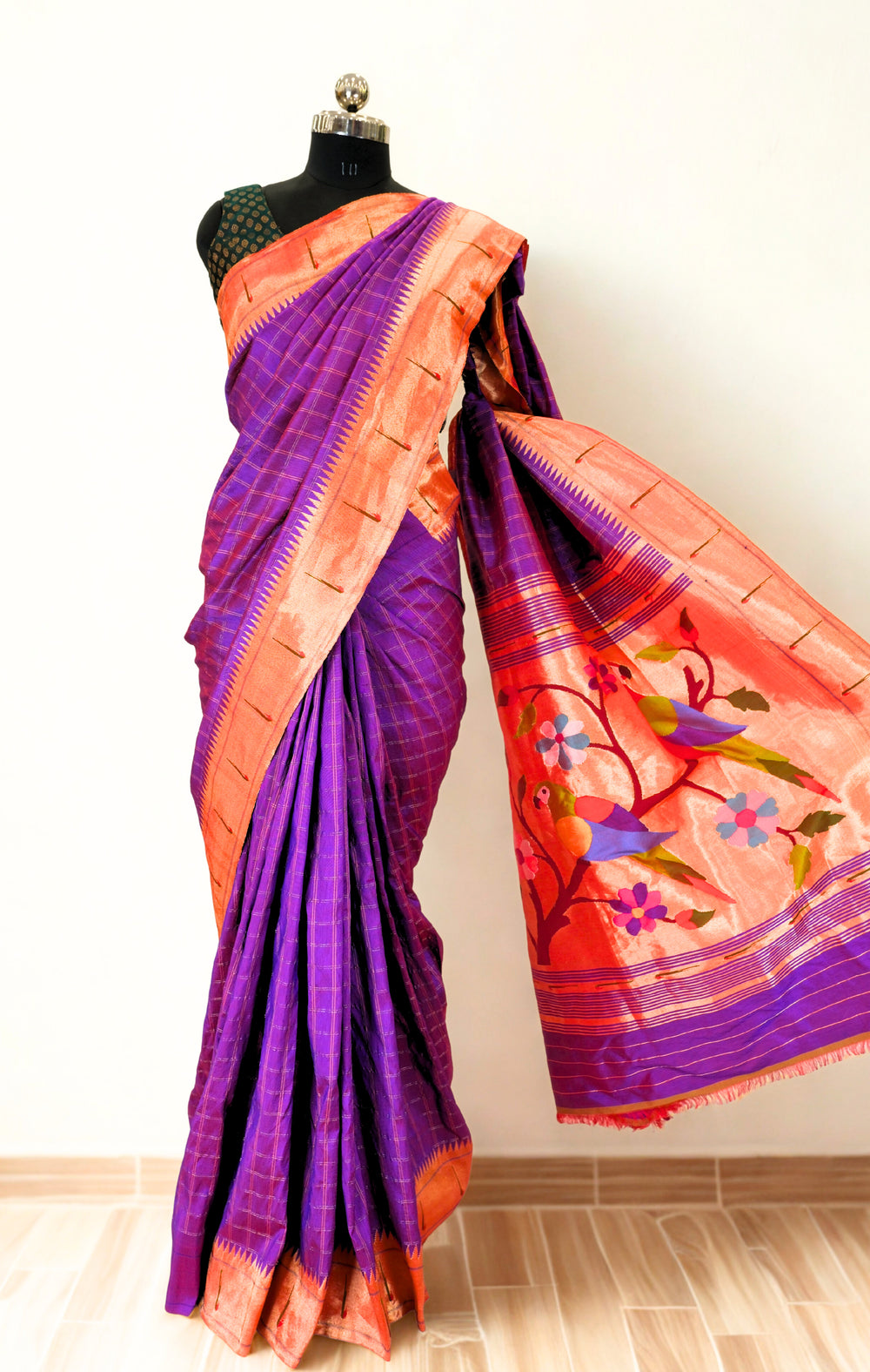Purple Checks Rich Pallu Silk Paithani Saree