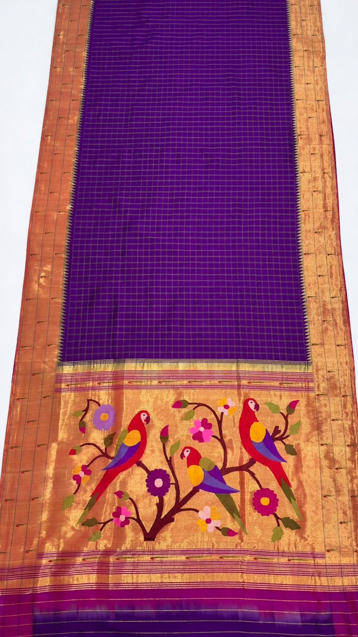 Purple checks triple muniya silk paithani saree