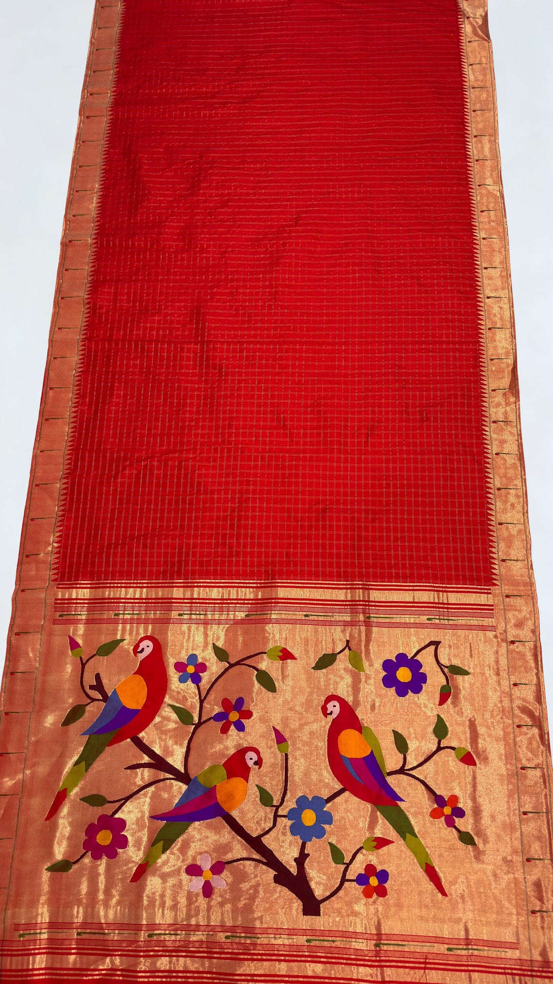 Red checks rich pallu silk paithani saree