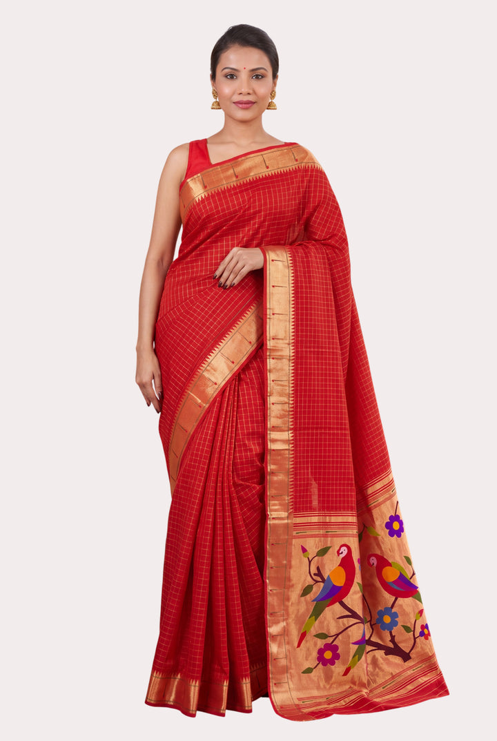 Red Checks Rich Pallu Silk Paithani Saree