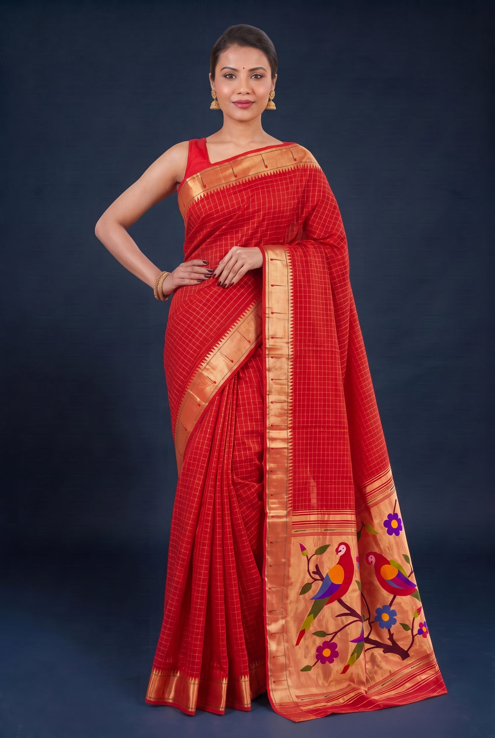 Red Checks Rich Pallu Silk Paithani Saree