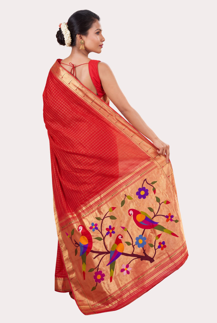 Red Checks Rich Pallu Silk Paithani Saree