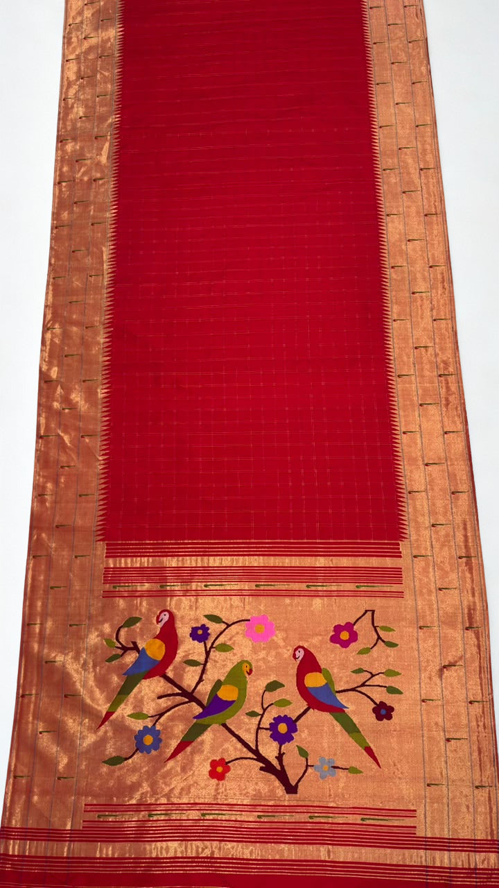 Red checks triple muniya silk paithani saree