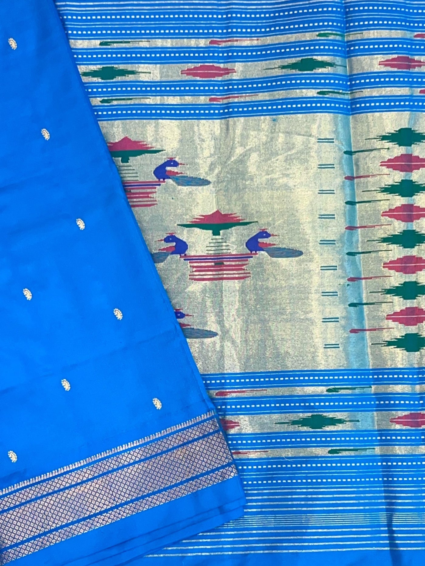 Blue silk paithani saree in single color