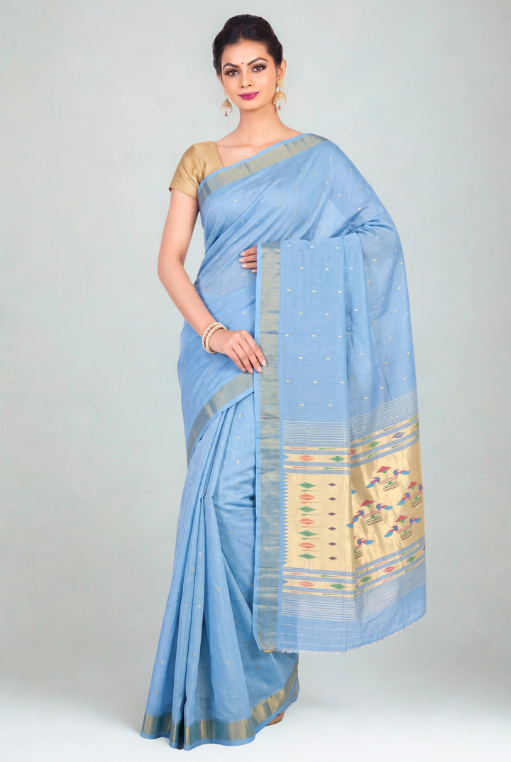 Powder Blue Cotton Paithani Saree