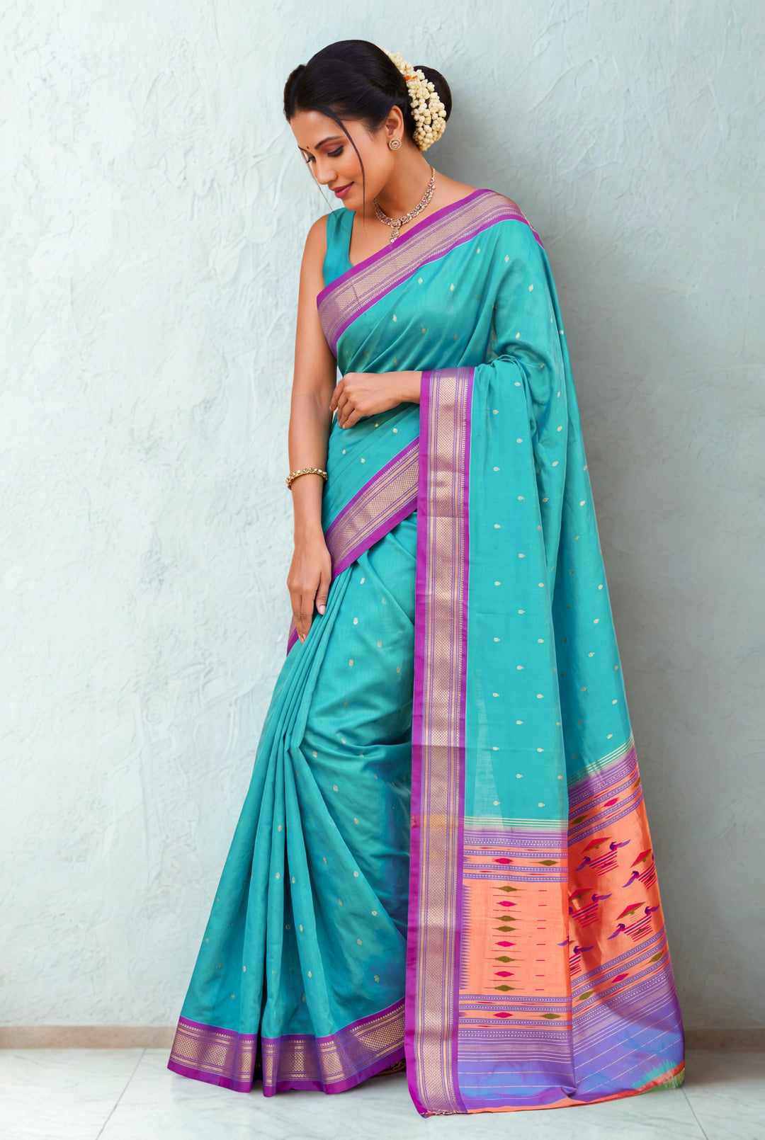 Sea green silk paithani saree