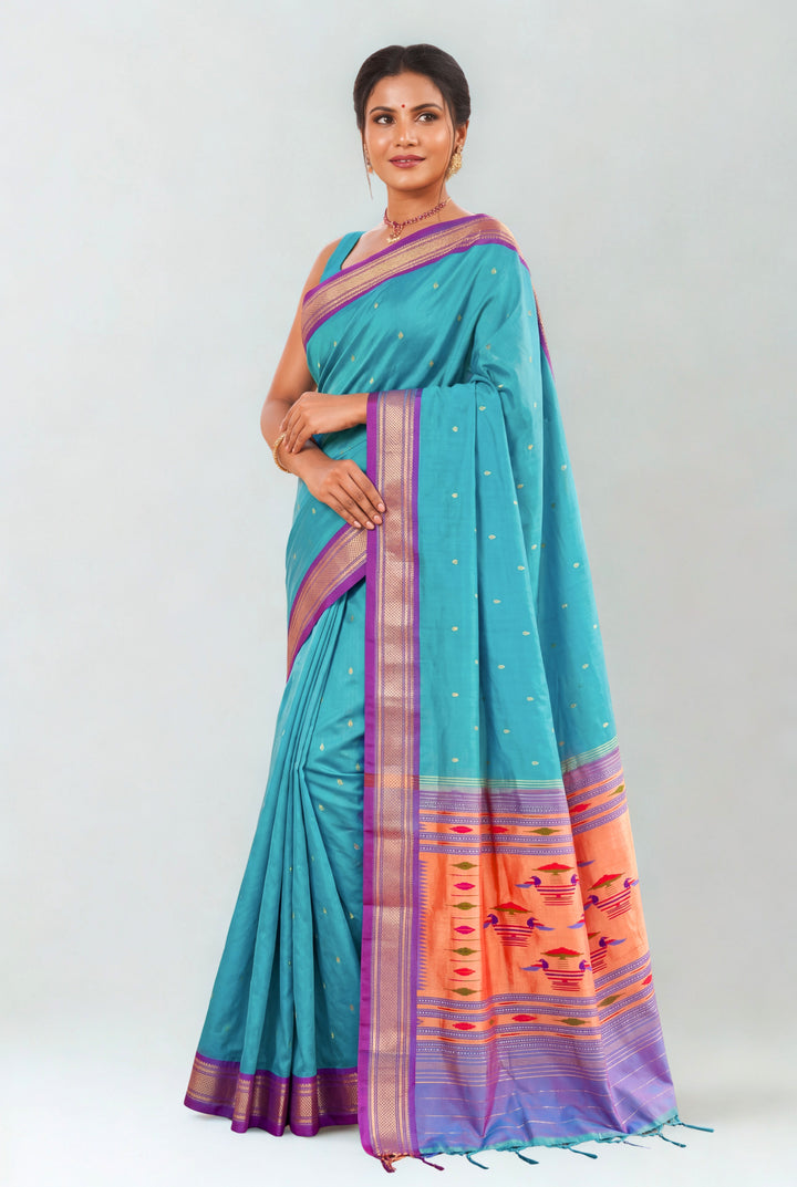 Sea green silk paithani saree