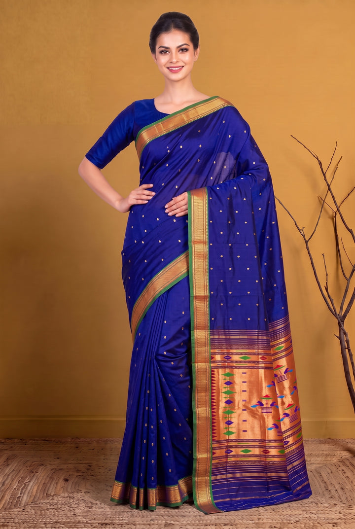Blue silk paithani saree with green border