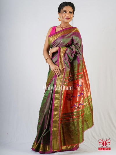 Parrot Green Paithani Silk Handloom Saree With Triple Muniya Border – Sunasa
