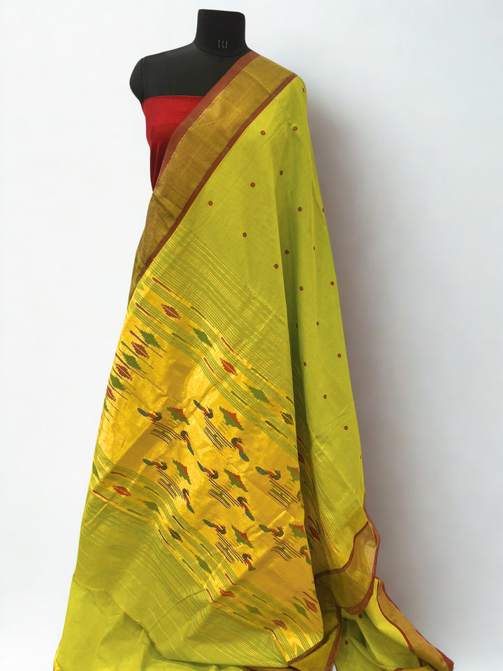 Parrot green cotton paithani saree