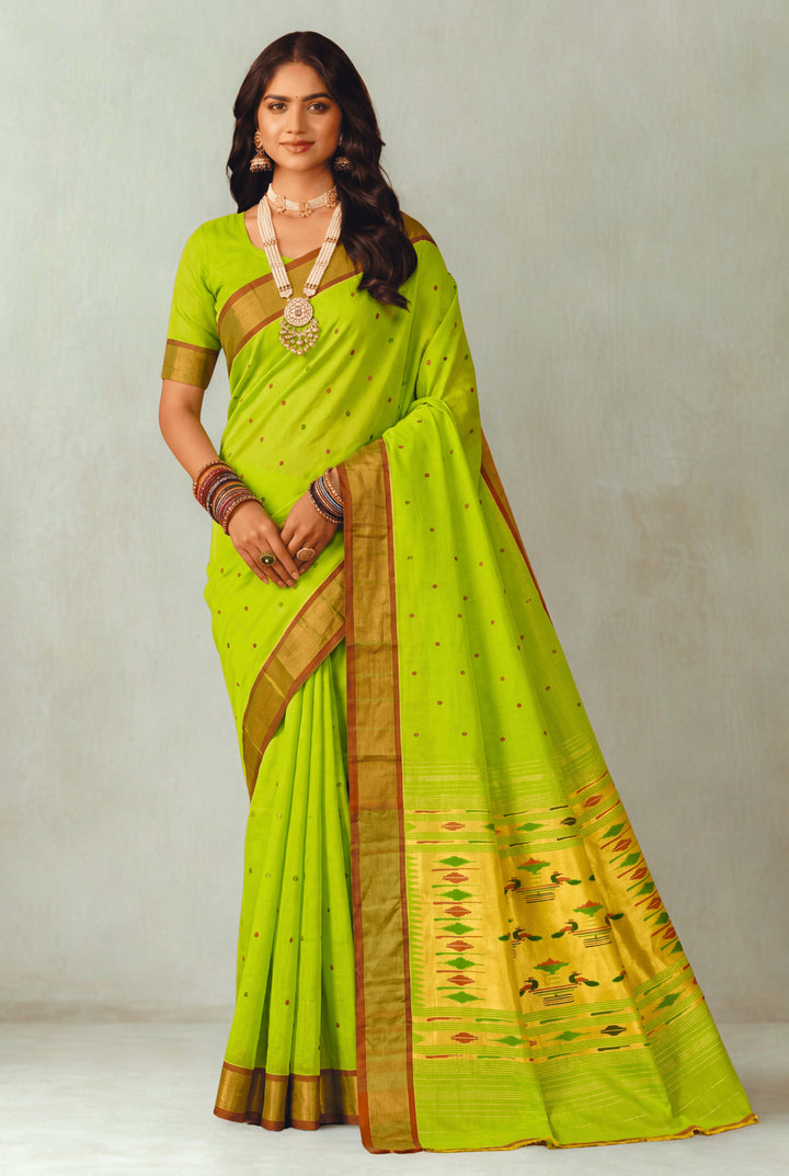 Parrot green cotton paithani saree