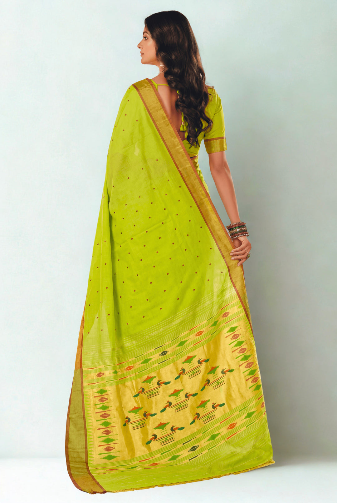 Parrot green cotton paithani saree