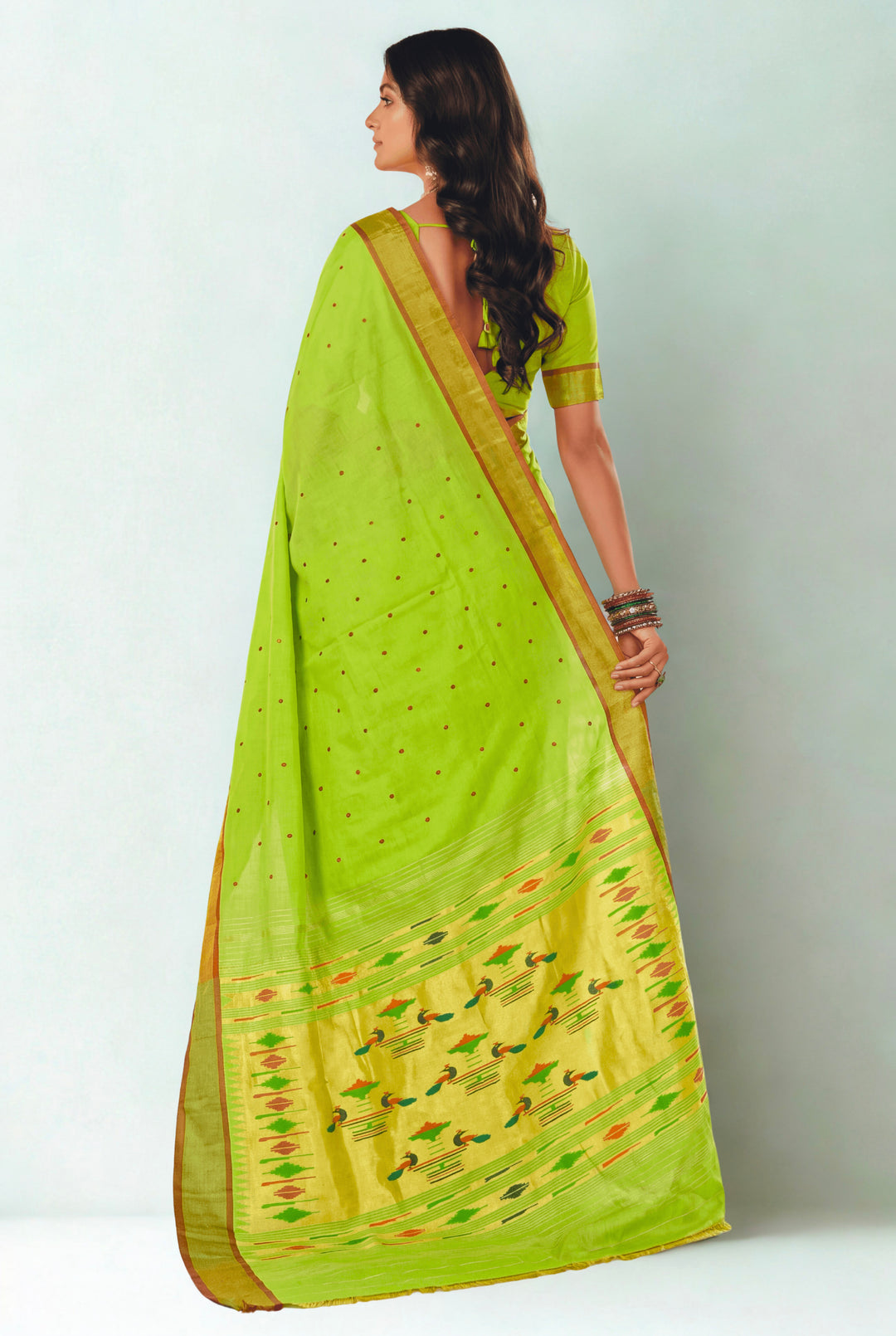 Parrot green cotton paithani saree
