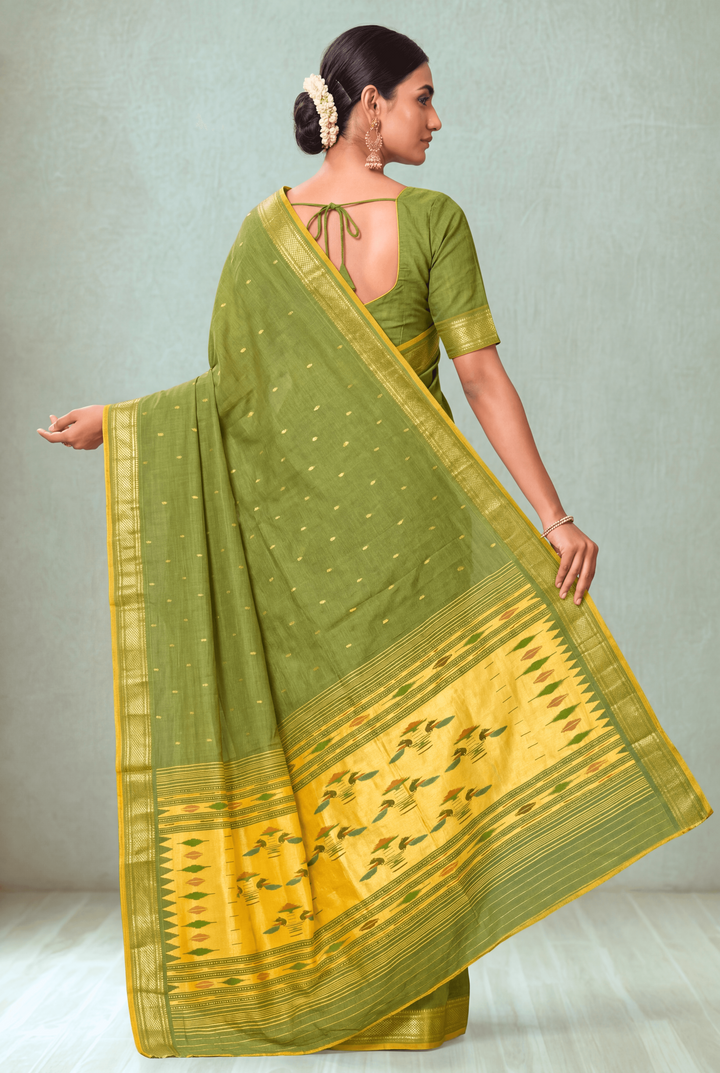 Muted olive green cotton paithani