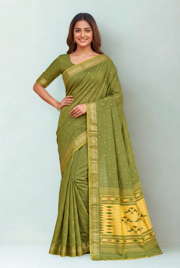 Muted Olive Green Cotton Paithani
