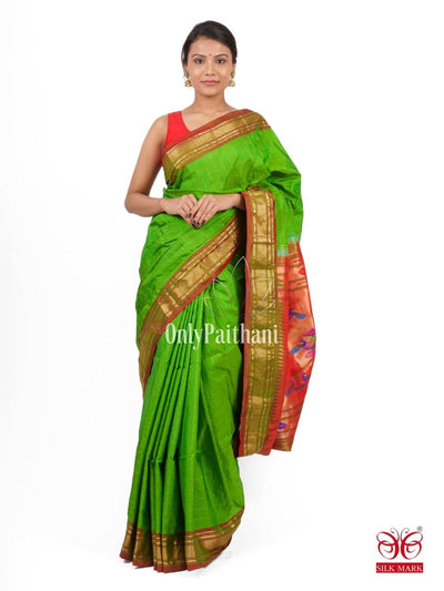 Parrot green checks silk paithani saree