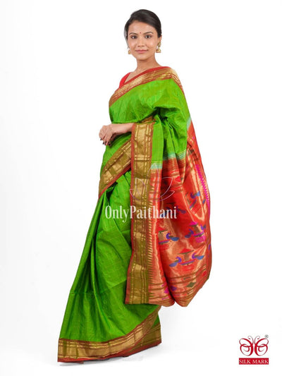Parrot green checks silk paithani saree