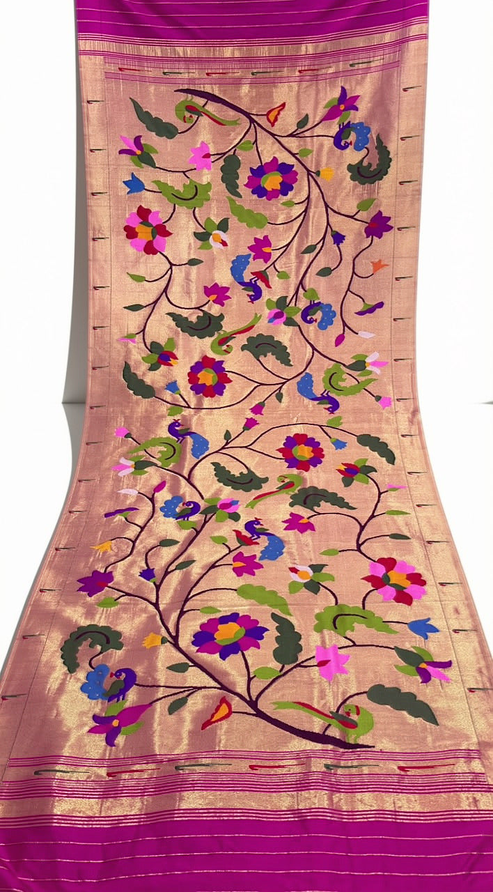 Rose pink tissue all over brocade paithani silk dupatta