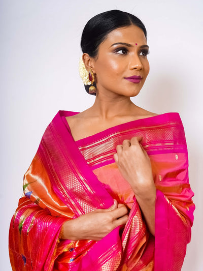 Peach Pink Silk Paithani Saree