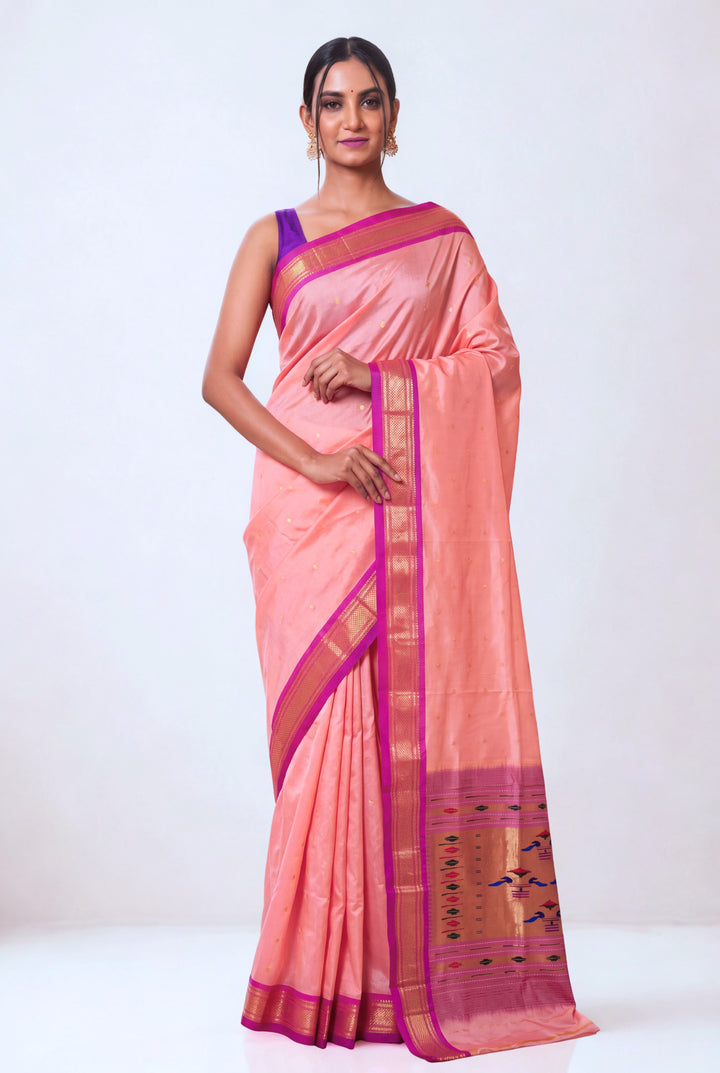 Peach Silk Paithani Saree with Zari Border