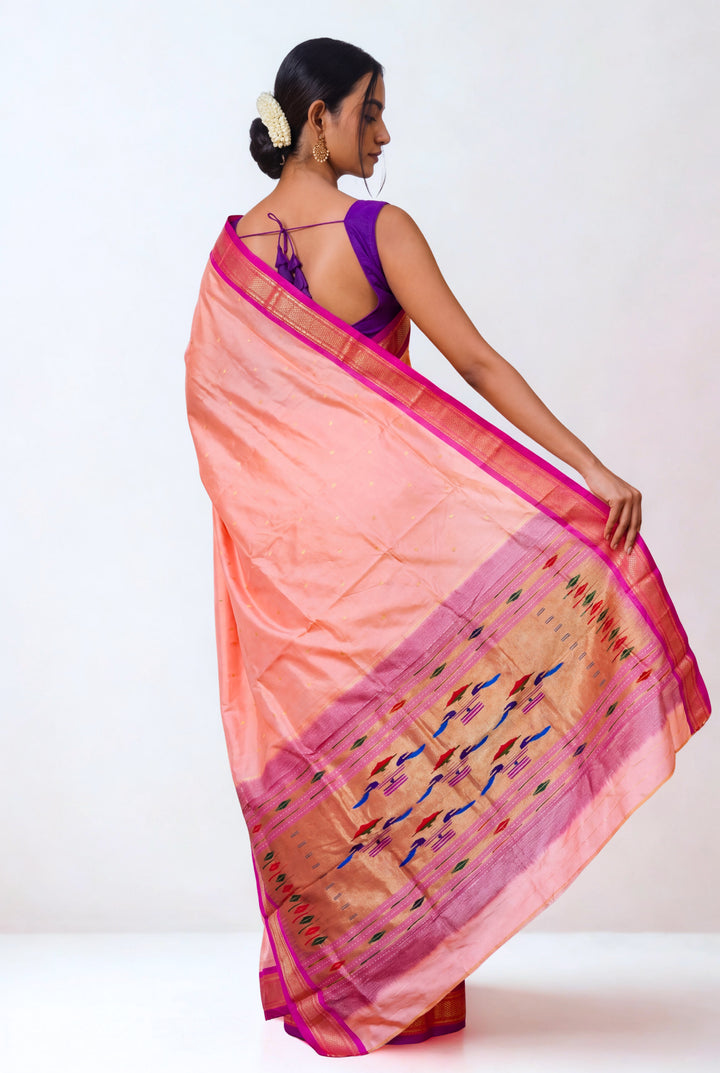 Peach Silk Paithani Saree with Zari Border